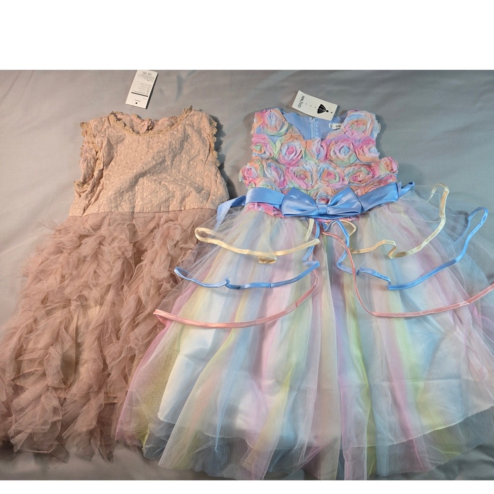 NNJXD Dress Lot Girls 5-6 Year Pink Lace Ruffle & Rainbow Floral Tulle Gowns NEW